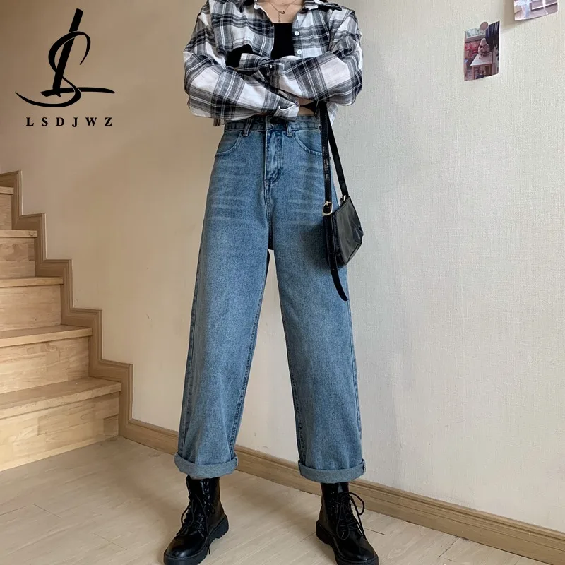 Large women's early spring dress fat mm high waist loose bf straight tube denim trousers women thin first love wide leg pants