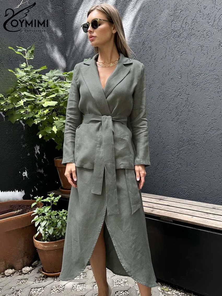 

Oymimi Elegant Grey Cotton Womens 2 Piece Outfit Set Fashion Long Sleeve Lace-Up Blouses And Solid Mid-Calf Skirts Female Sets