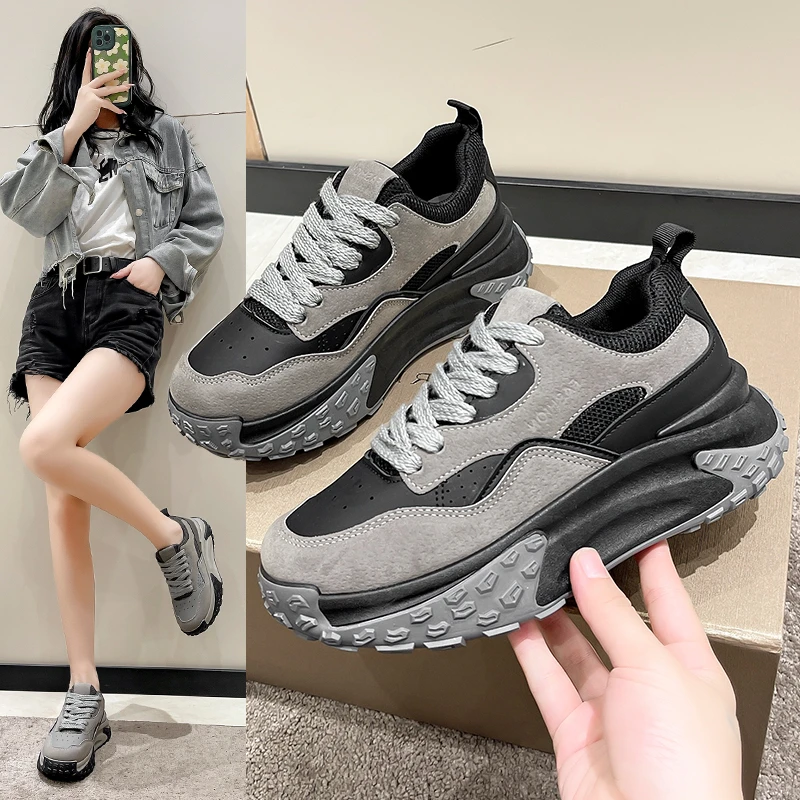 

New Black Dad Chunky Sneakers Casual Walking Vulcanized Shoes Women High Platform Lace Up Sport Shoes Female 2023 Designer Shoes