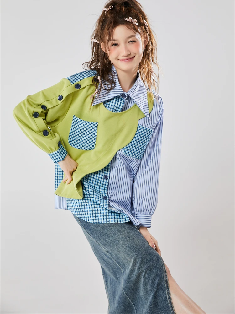 

Women's Patchwork Color Contrast Fake Two-piece Design Shirt Spring Autumn Outerwear Female Fashion Loose Long Sleeve Blouse