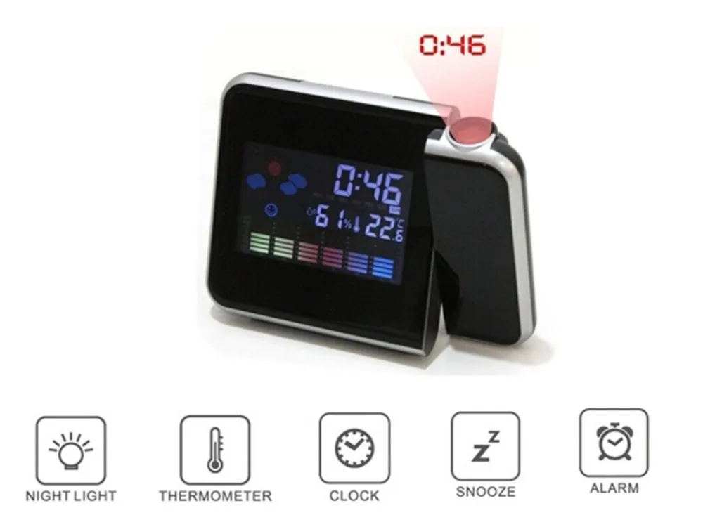 

Projection Alarm Clock Digital Color Screen 12/24 Display Simultaneous Temperature Humidity Weather Forecast LED Alarm Clock