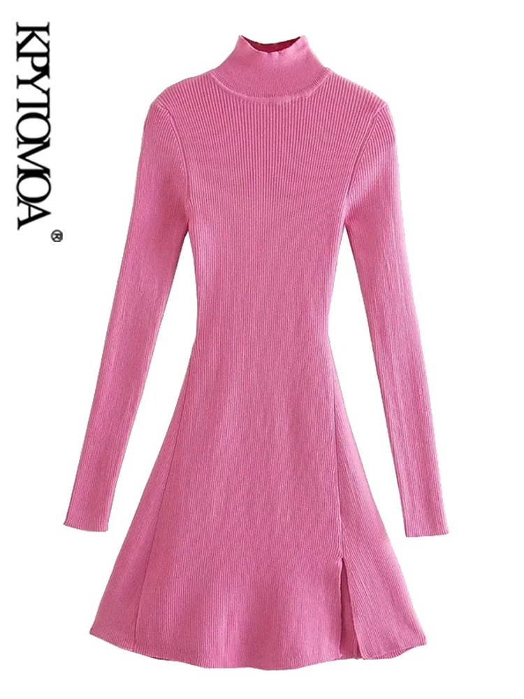 

KPYTOMOA женское шикарное модное приталенное трикотажное мини-платье с разрезом спереди винтажные женские платья с высоким воротником и длинн...