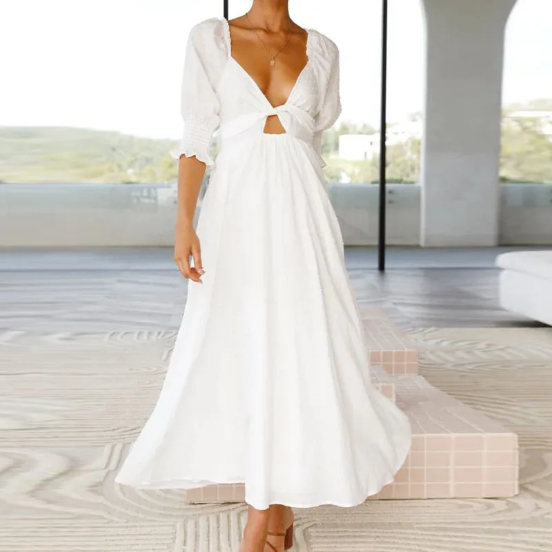 

2023 Spring and Summer Dress Fashion Knotted Puff Sleeve Slim Fit A- line Dress