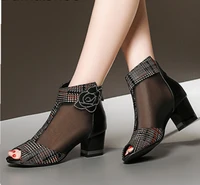 spring and summer new fashion womens sandals boots ladies mesh peep toe sandal mid heel chunky heel boot high heels pumps women