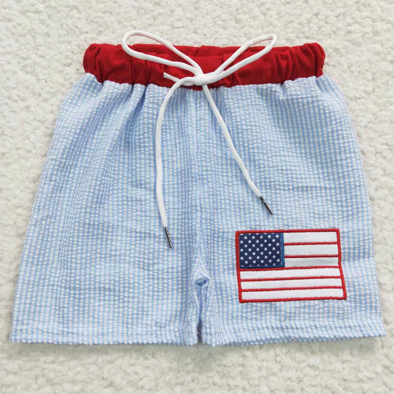 

Summer swim trunks wholesale kids boy July 4th embroidery flag new boutique seersucker kids swimming shorts