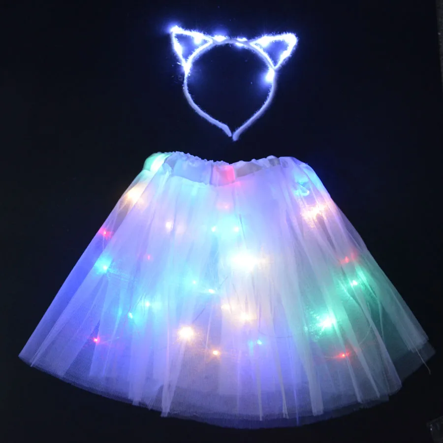 

Kids Girl Princess Party Glow Lights Tutu LED Skirt Headband Crown Cat Fox Fairy Luminous Costume Wedding Decoration Cosplay