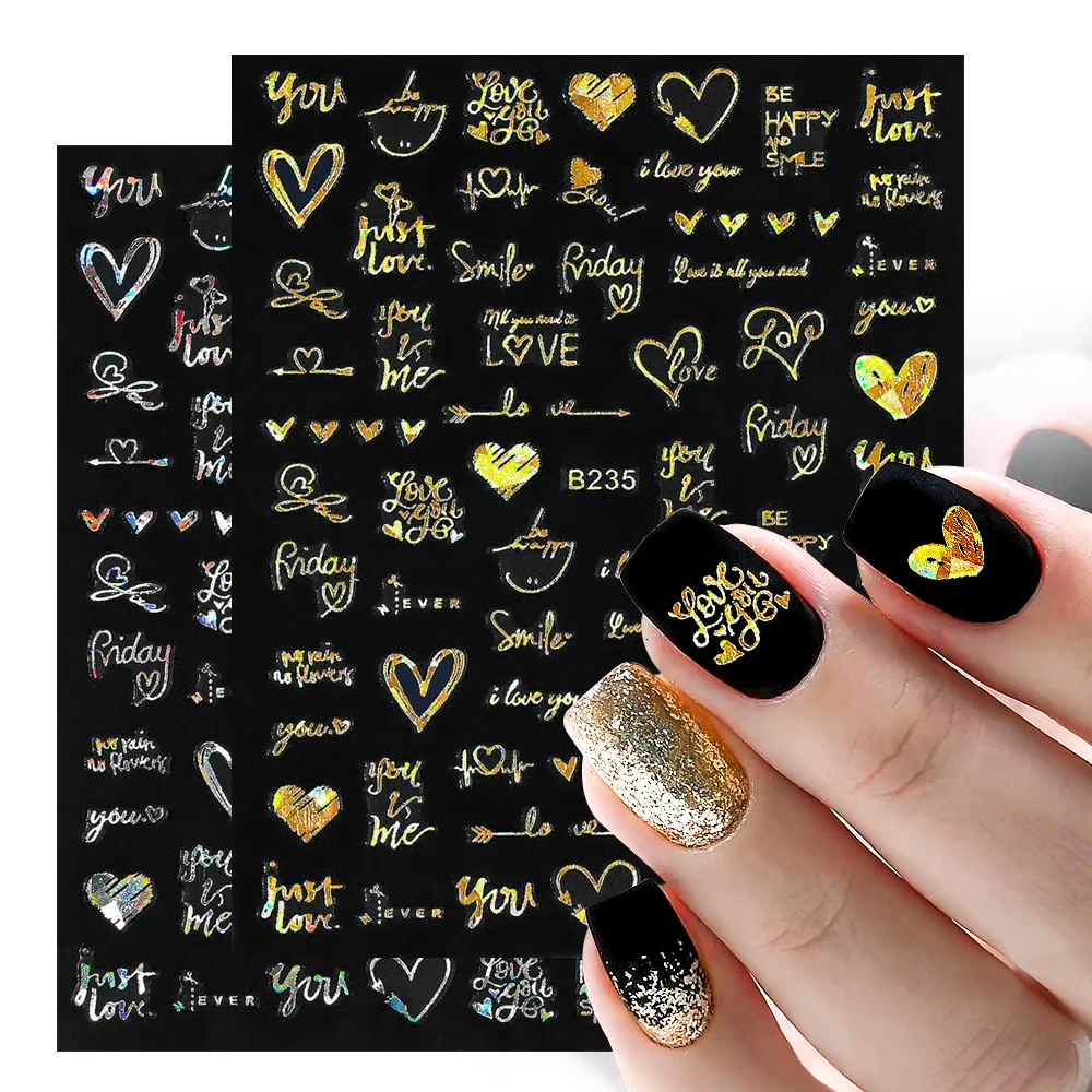 

1 Sheet 3D Laser Heart Letter Nail Sticker Gold/Silver Nail Art Decoration English Letters Accessories Decal Nail Supplies Parts
