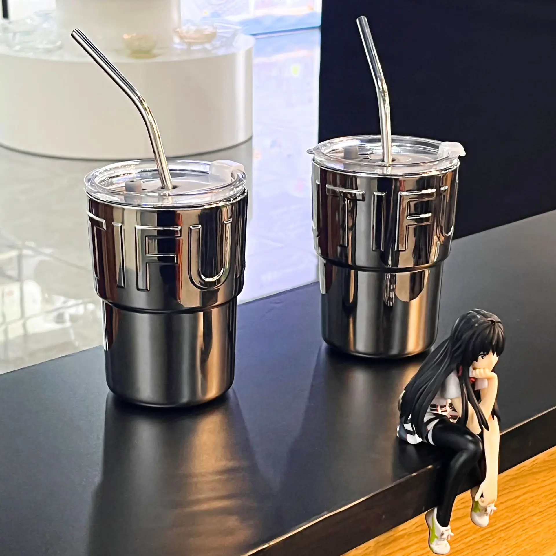400ml Silver Coffee Straw Cup With lid Electroplated Mug Heat-Resistant Water Bottle Glasses Milk Wine Cup Reusable Travel Mug