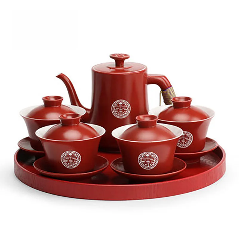 

Chinese Wedding Supplies Red Ceramic Tea Set Teapot Gaiwan with Serving Tray Newlywed Party Souvenir Gift Porcelain