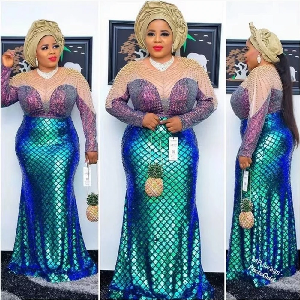 

African Dress For Women Long Sleeve Patchwork Beading Wedding Evening Party Gala Dresses Sexy Shiny Sequins Club Prom Gown New