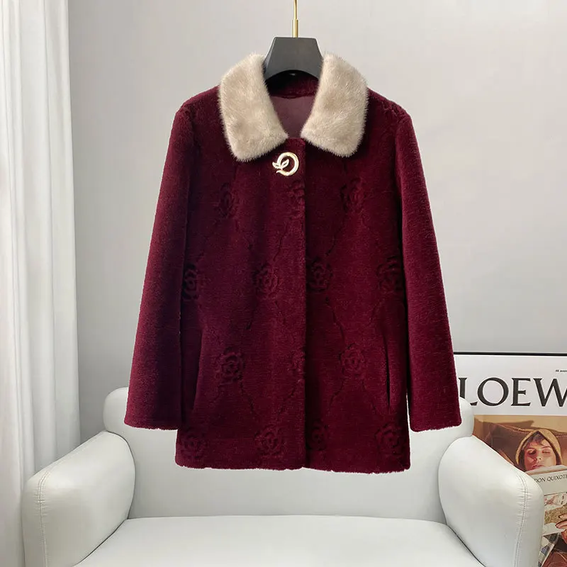 

2023 winter fashion new Mother's Sheep Fleece Coat Women's Short Mink Collar Middle and Old Age Pellet Fur One Piece Coat