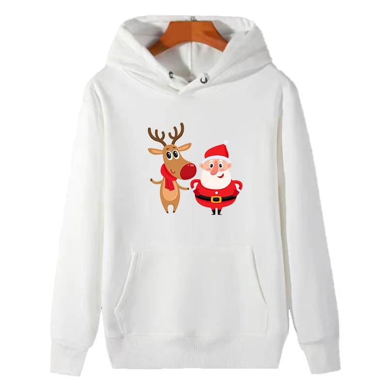 Funny Santa Claus and Reindeer in Red Scarf Standing Together Celebrate Christmas graphic sweatshirts Women's Christmas sweater