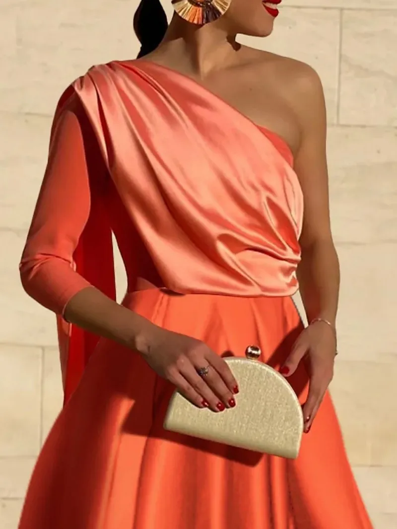 Оранжевое платье для выпускного вечера с высоким и низким вырезом 2025 длиной до