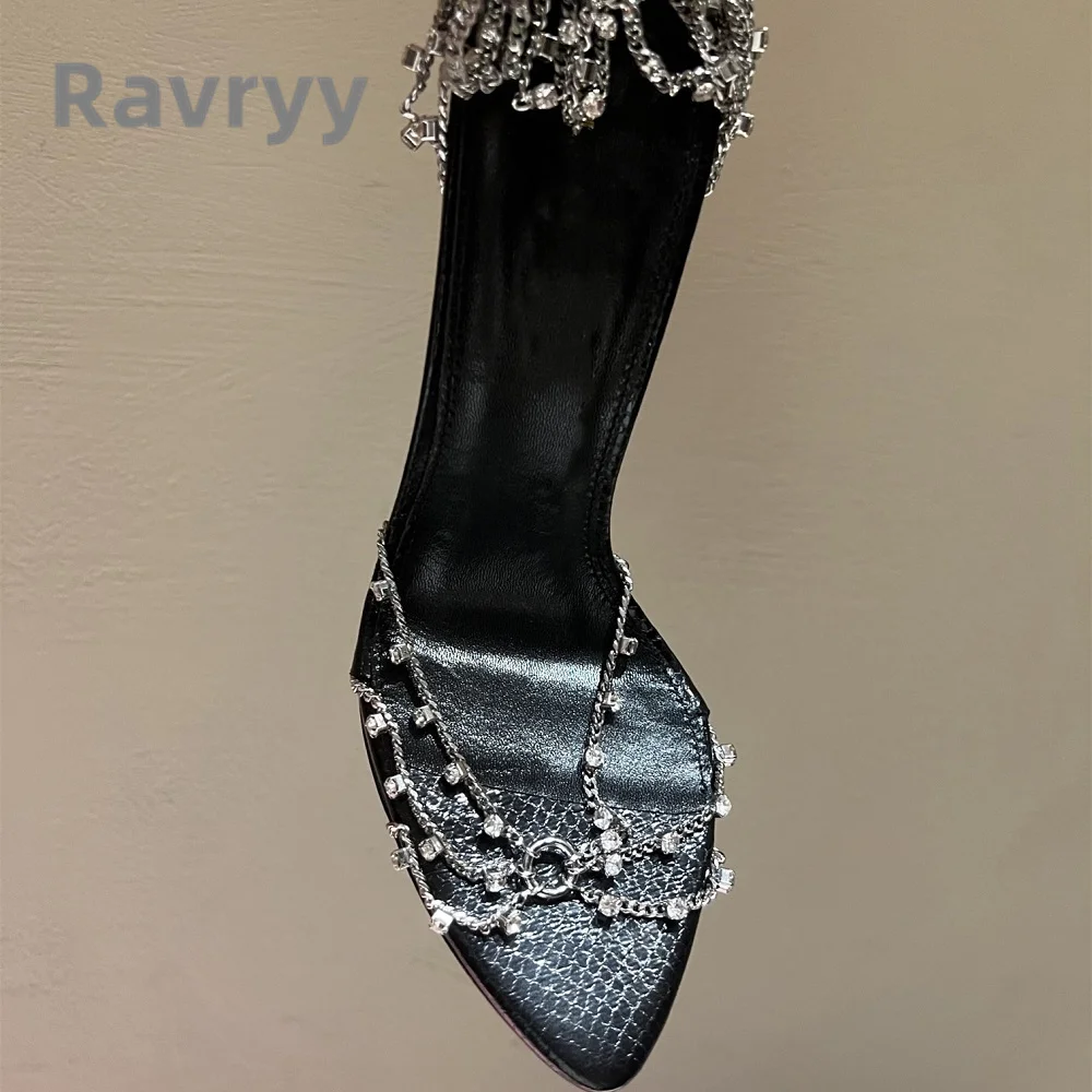 2023 Summer New Super High Heel Sandals Silver Rhinestone Chain Slim Heel Versatile Sandals Leather Open Toe Women\'s Shoes