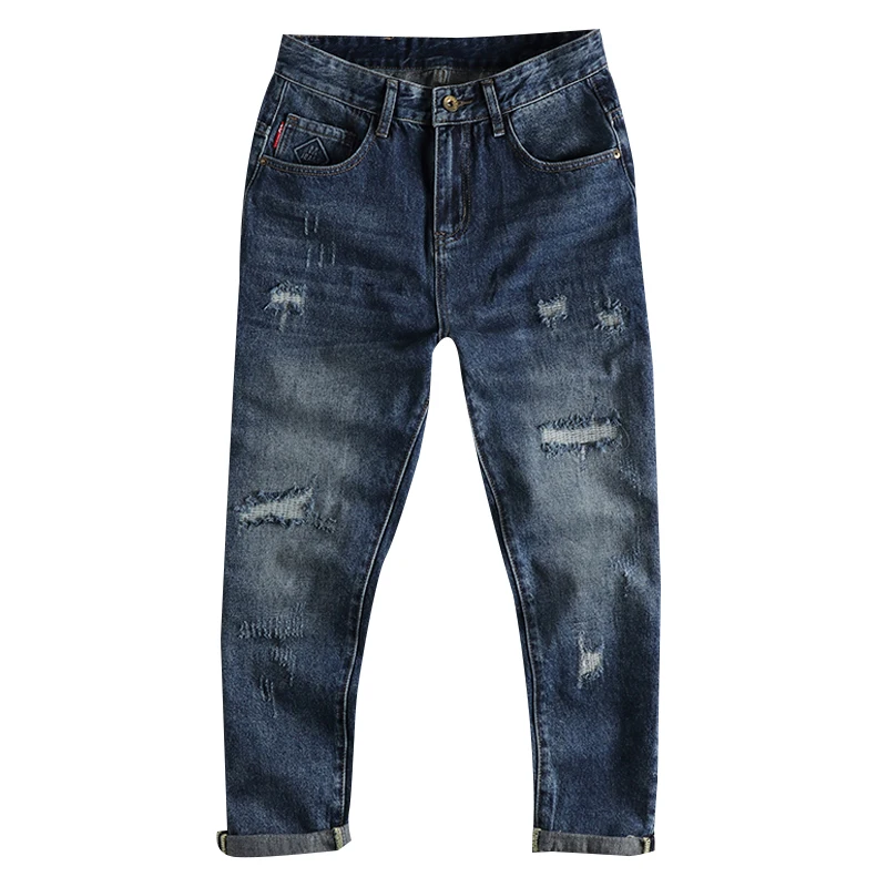 Impressed pattern heavy retro trend high street jeans men have to make old holes patch young daddy pants.