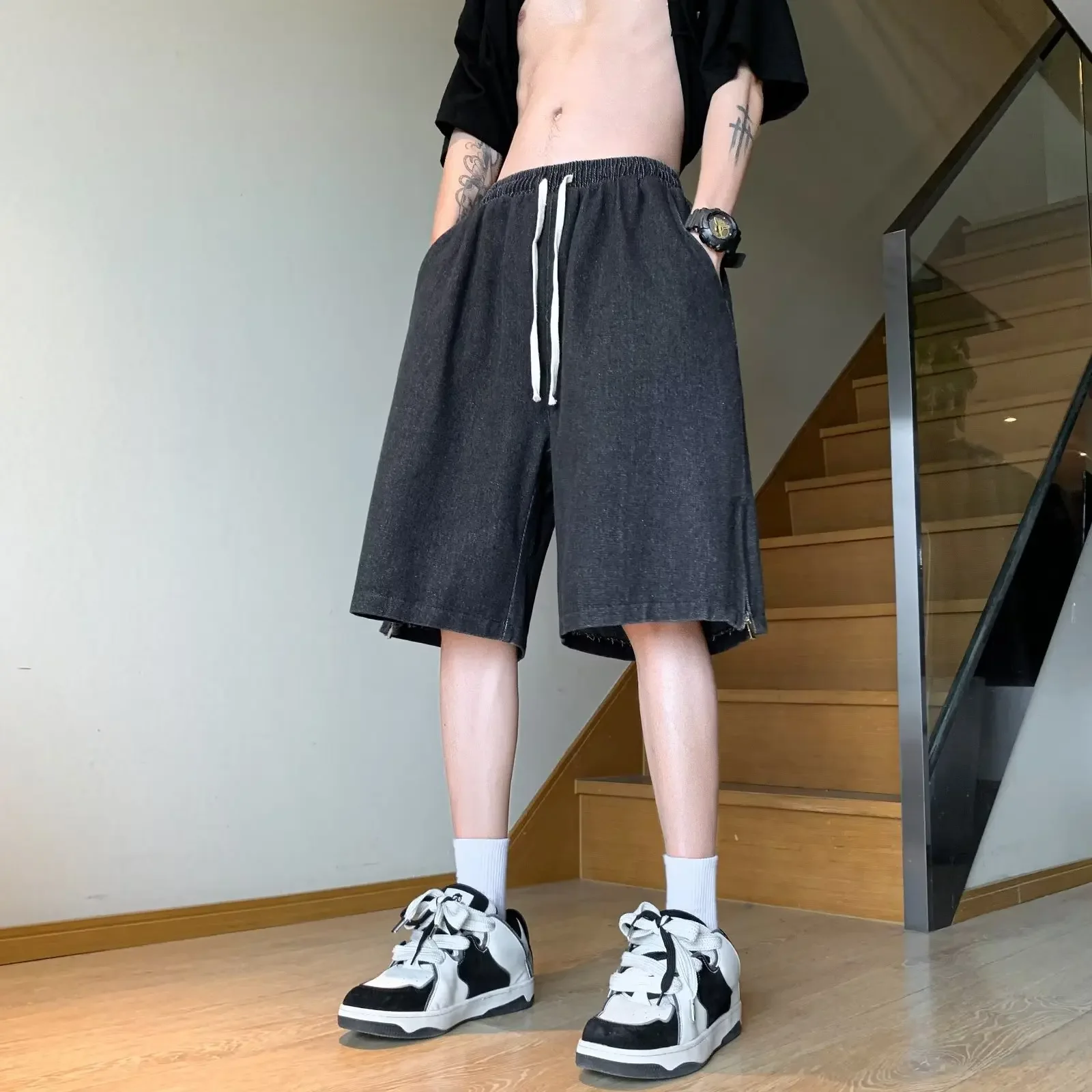 Men's Summer Thin Denim Shorts Loose Fit Casual Mid Waist American Style Five Piece Pants Trendy Brand
