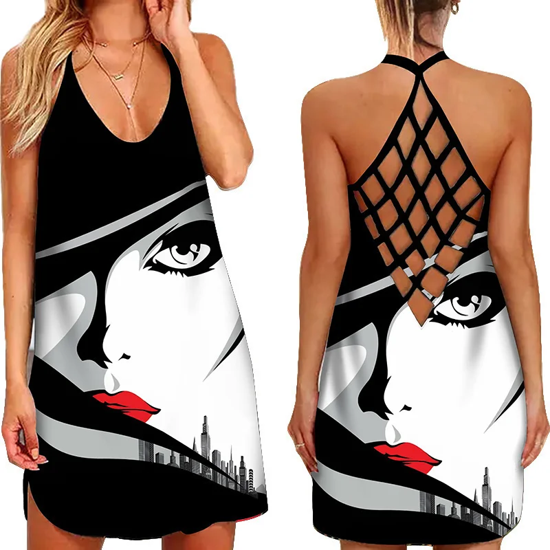 

Fashion Hip Hop Print O Neck Sleeveless Party Dress Mini Backless Ladies Beach Sundress Summer Casual Woman Sexy Straps Dress