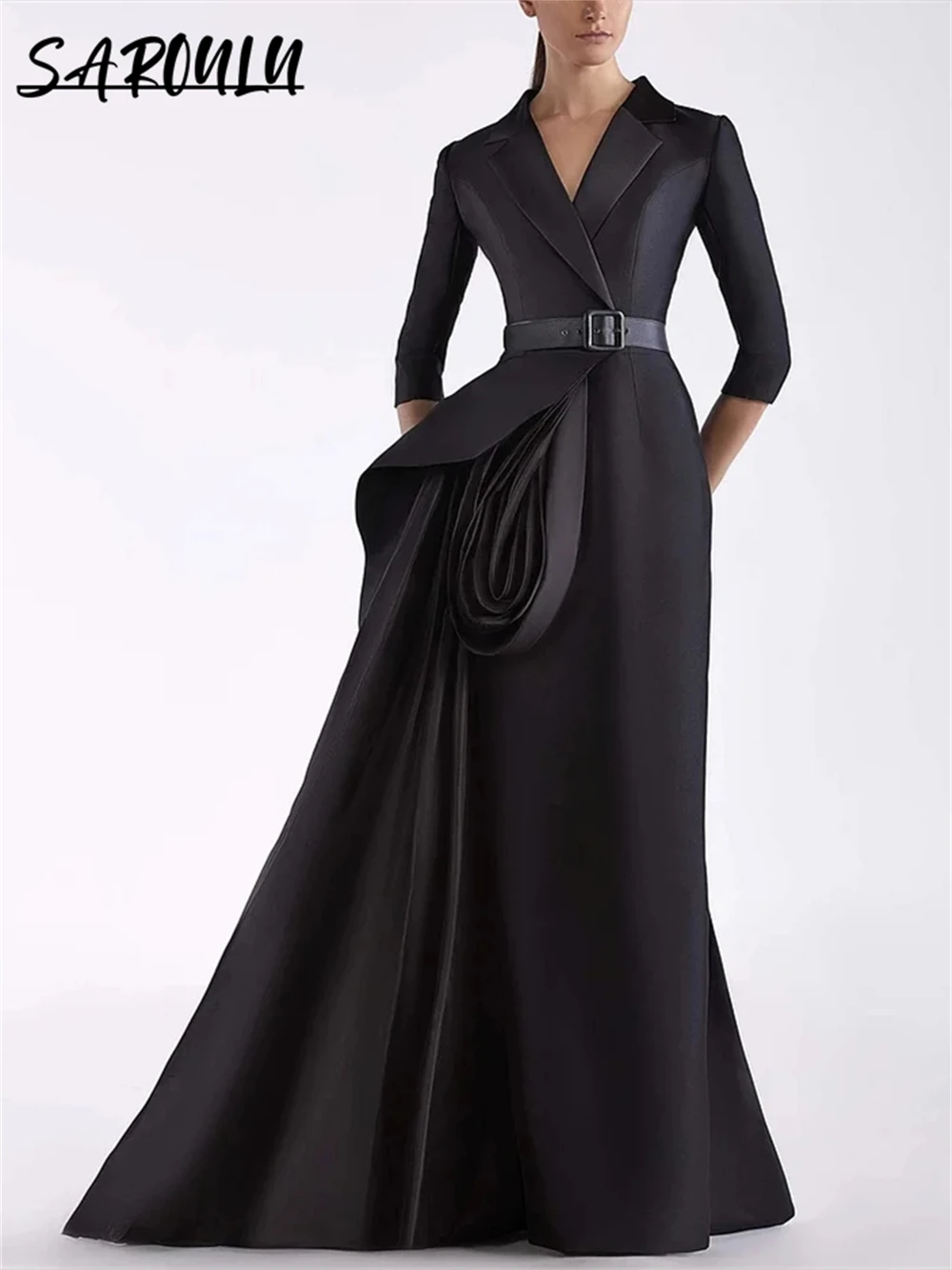 Черное платье с поясом атласное вечернее платье-футляр рукавом три четверти для