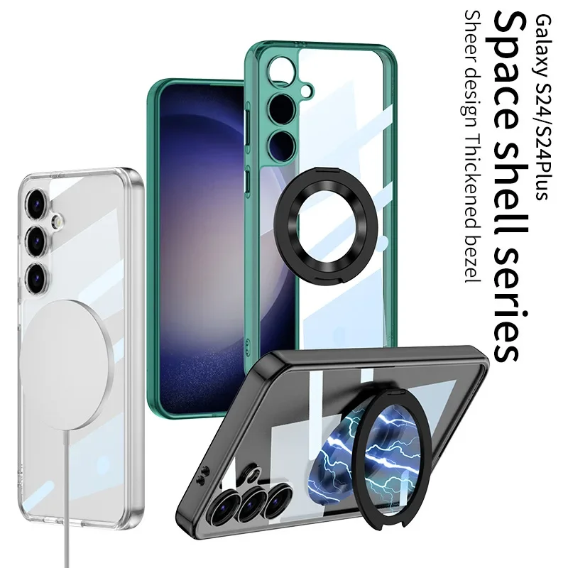 For Samsung S24 Ultra Phone Case Transparent Ring Stand Wireless Charging Compatible Motorcycle Electronic Accessories