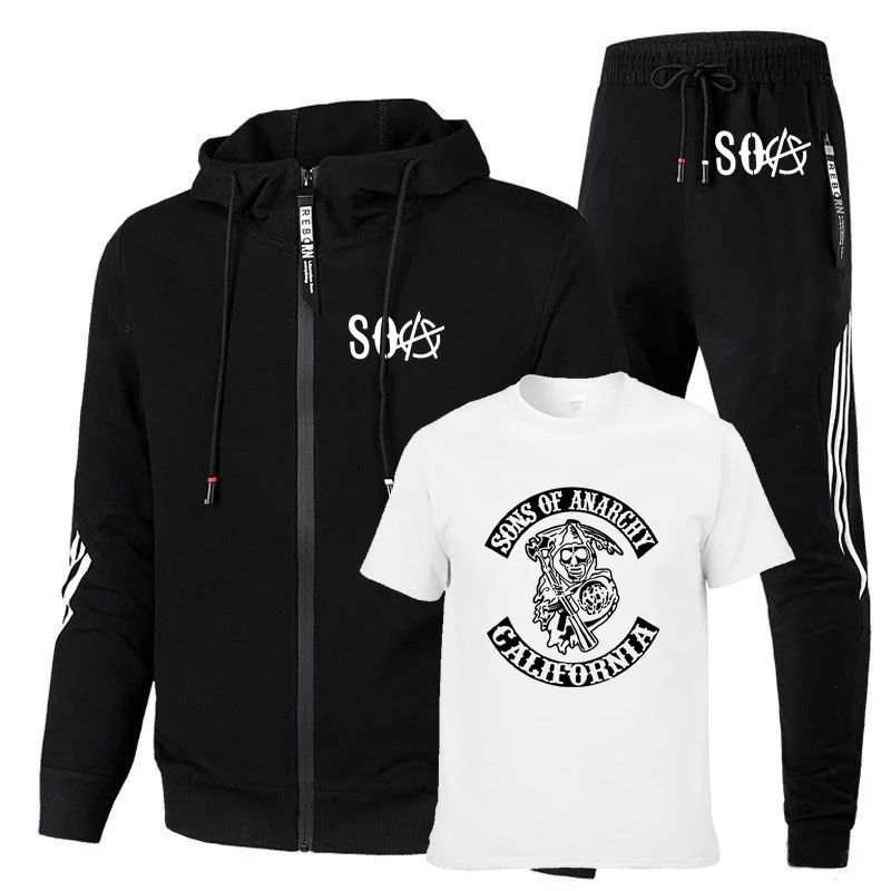

2022 NEW Men's Zip Jacket SOA Sons of anarchy Skull Printing Spring Autumn Cotton Men's jacket+sweater+pants three-piece suit