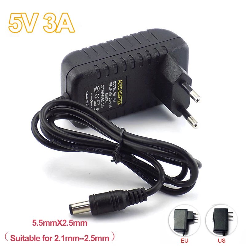 

5.5mmX2.5mm CCTV IP Camera Power Adapter Supply 100V-240V Converter adapter AC to DC 5V 3A 3000mA for LED Strip Lamp EU/US Plug