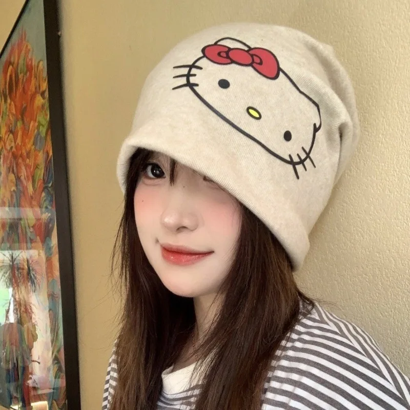 Фото Шапка-бини Sanrio с милым мультяшным котёнком, для большого обхвата головы, с эффектом уменьшения лица, свободная, в стиле баотоу, для защиты от холода. №2