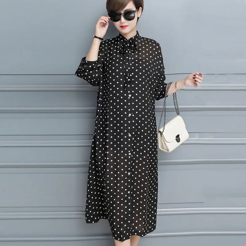 

Женское платье-макси в горошек, с воротником-стойкой и длинным рукавом