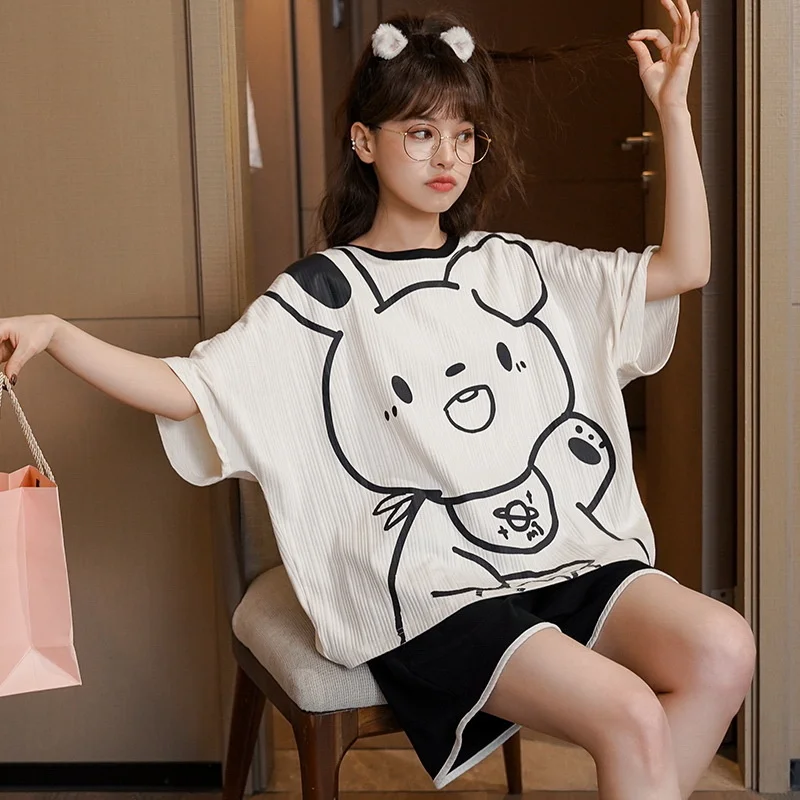 Summer 2022 New Style Pajamas Women's Short Sleeved Shorts Pure Cotton  Cartoon Cute Girls Can Wear Home Clothes Outside