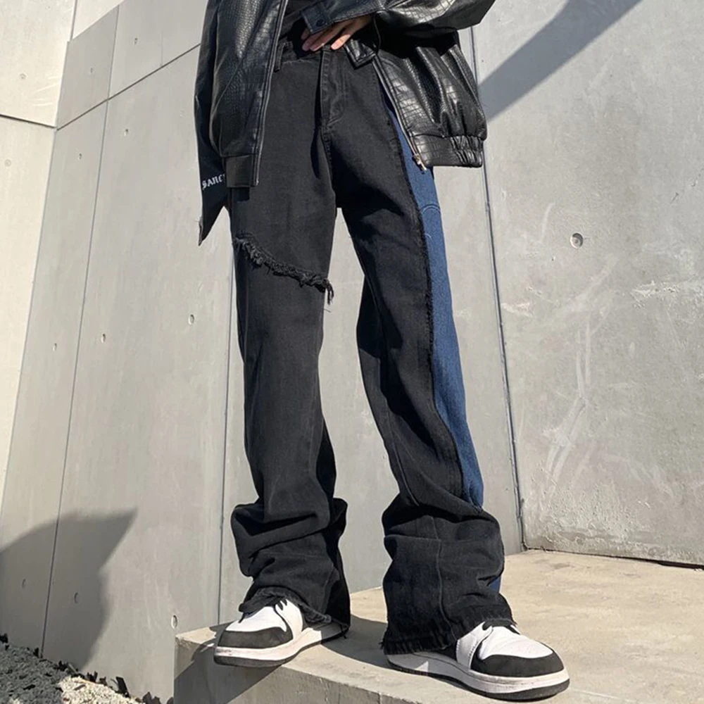 Y2K New Street Hip-hop Loose Jeans Mens Korean Style Fashion Straight Wide-leg Pants Trend Design Niche Splicing Casual Trousers