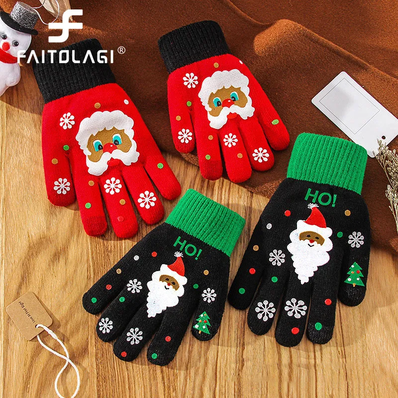 

Рождественские перчатки, подарок для пары, перчатки с сенсорным экраном с принтом Санта Клауса, мужские и женские вязаные варежки, зимние те...
