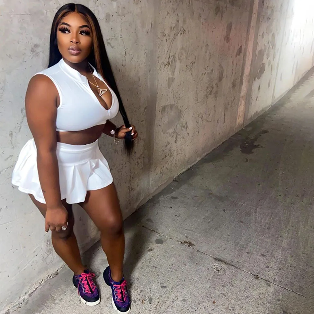 

Women Sexy Zipper V Neck Sleeve Crop Top + Pleated Mini Skirts Slim Club Party Two Piece Set Outfits Casual Solid 2 Piece Set