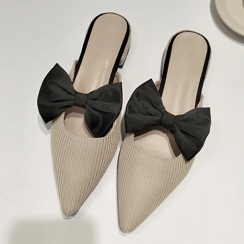 

2022 New Butterfly-Knot Pointed Toe Mules Shoes Stretch Knitted Slippers Women Mesh Slides Fashion Slip on Shallow Flats Spring