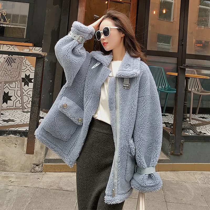 Chic Lambs Wool Women Coat 2021 New Winter Faux Fur Female Plush Locomotive Service Loose Jacket Casual Korean White Oversized