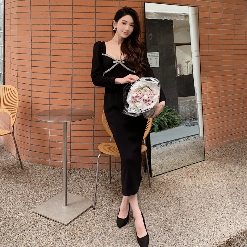 Роскошное осеннее платье миди с длинными рукавами и кристаллами бантом вечерние