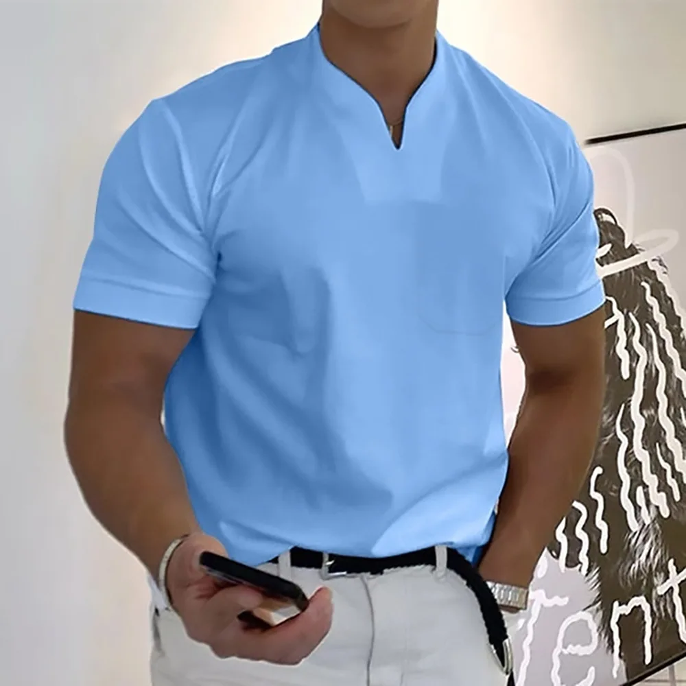 

Gym Clothing Men Sports T-shirt Muscle Men's Wear Elastic Cotton Pocket Short Sleeve Summer V-neck Polo Shirt Gym T-shirt Man