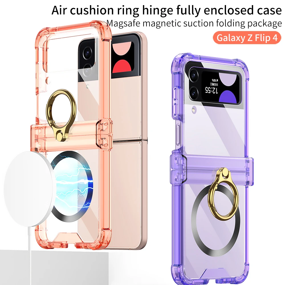 For Samsung Galaxy Z Flip 4 Magsafe Wireless Charging Case Magnetic Electroplated CD Transparent Ring Holder Folding Hingle Case