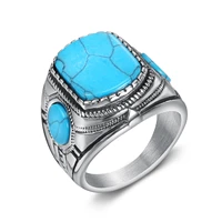 megin d stainless steel titanium blue stone chalchite carved retro vintage hip hop punk rings for men women couple gift jewelry