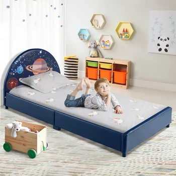 Children Twin Size Upholstered Platform Single Bed