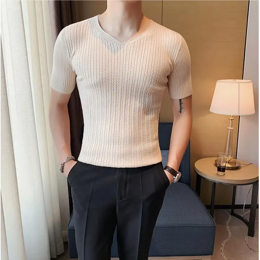 

2022 Brand clothing Men's summer High quality Casual knit T-shirt/Male slim fit Fashion V-neck Short sleeve T-shirt Black white
