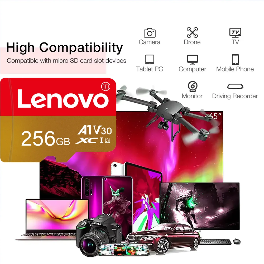 Фото Высокоскоростные карты памяти Micro SD V30 Lenovo SD/TF 512 ГБ, 256 ГБ, 128 ГБ, 64 ГБ для камер и телефонов Xiaomi №4