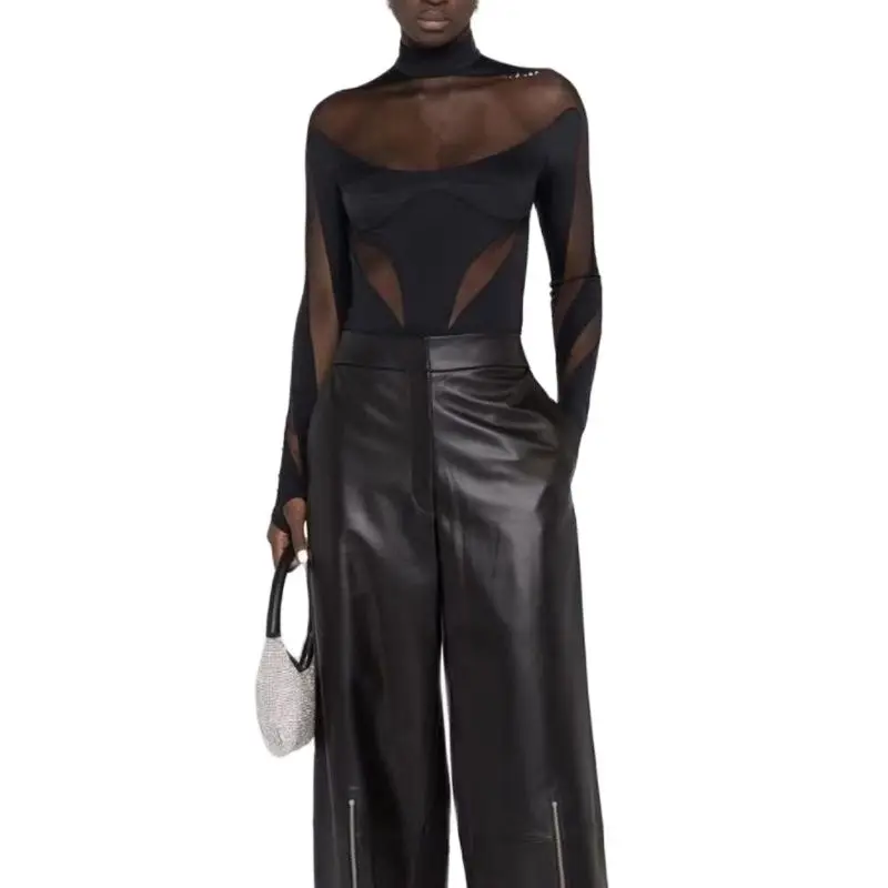 

Mesh stitching see-through tops 2023 summer new y2k fashion sexy tights high elastic fabric slightly exposed Bodysuit women