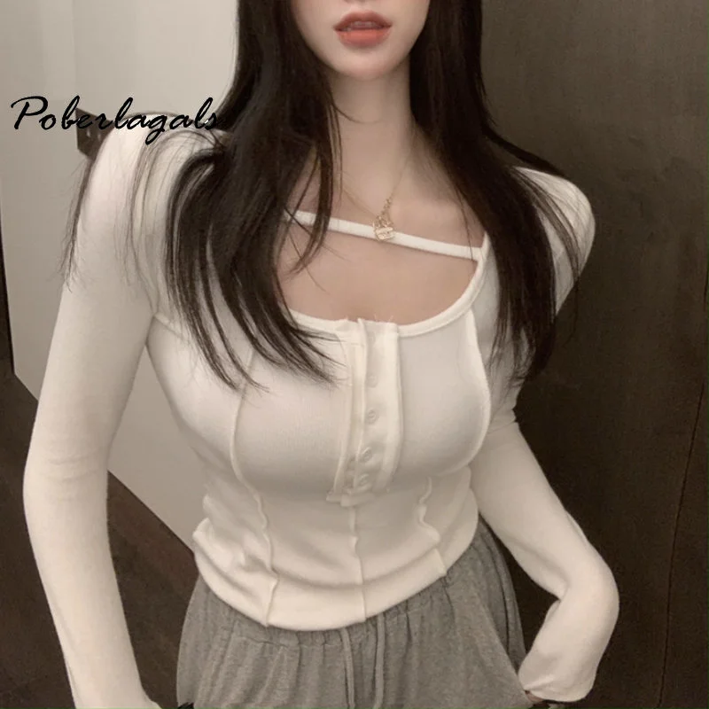 Y2K эластичная Футболка женская облегающая блузка с длинным рукавом в Корейском
