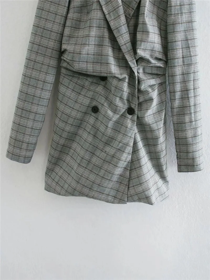 Women Long Plaid Blazer Dress Double Breasted Dress Style Blazer Office Lady Formal Clothing Sexy Elegant Commute Blazer Suit