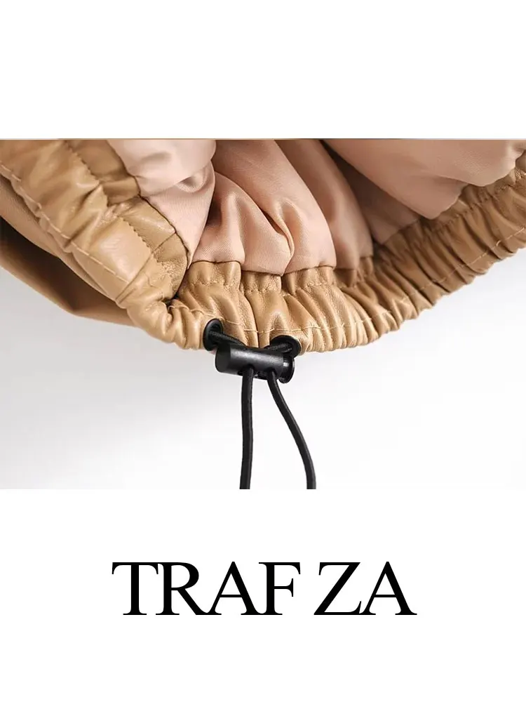 TRAF ZA Winter Women's Clothing Cotton Coat Faux Leather Thick Warm Jacket Vintage Solid Female Adjustable Hem Outerwear Tops