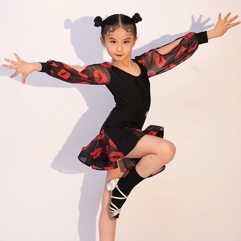 Детские платья для латиноамериканских танцев с вырезом и принтом губ девочек