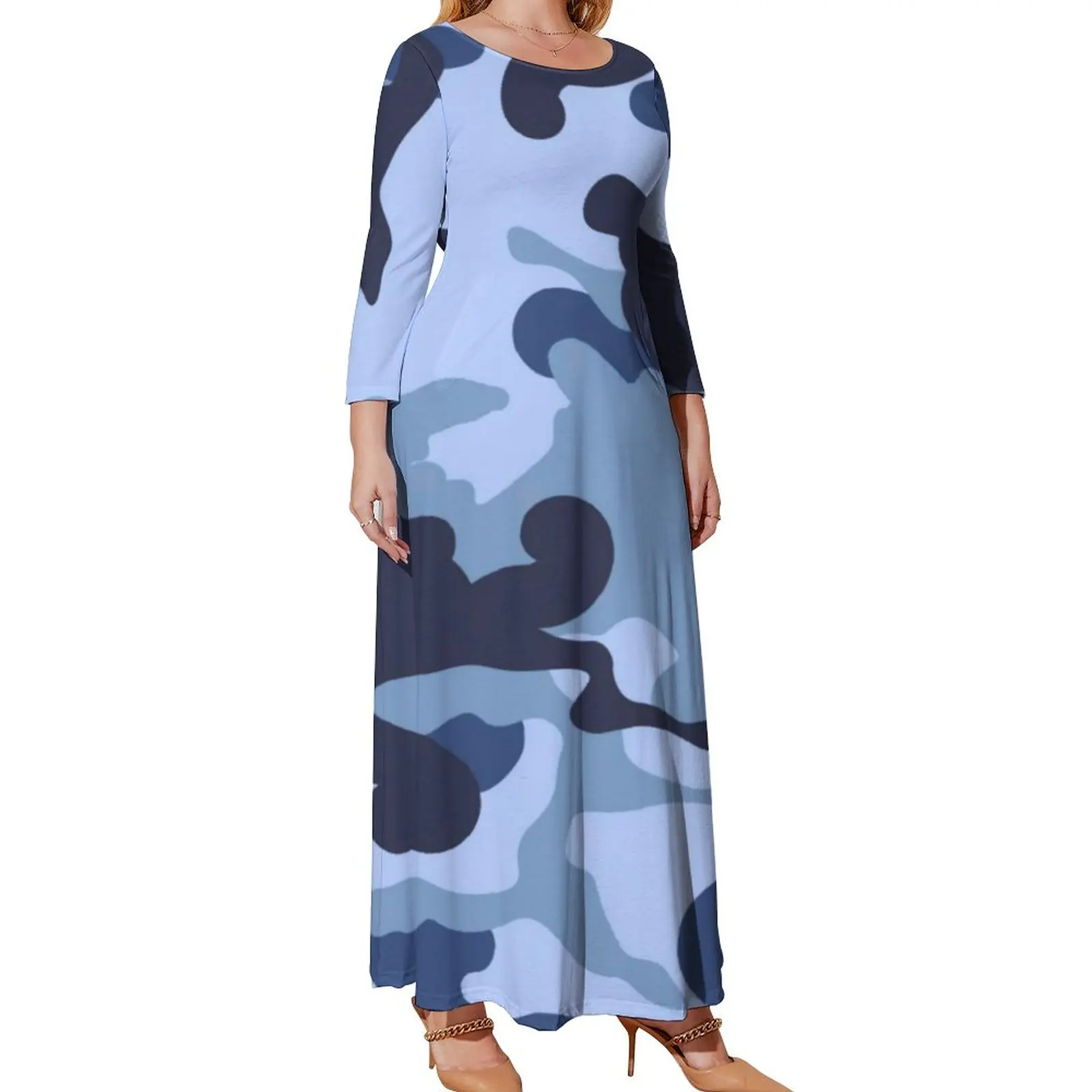Blue Camo Dress Plus Size Military Camouflage Print Sexy Maxi Dress Long Sleeve Streetwear Bohemia Long Dresses Birthday Gift