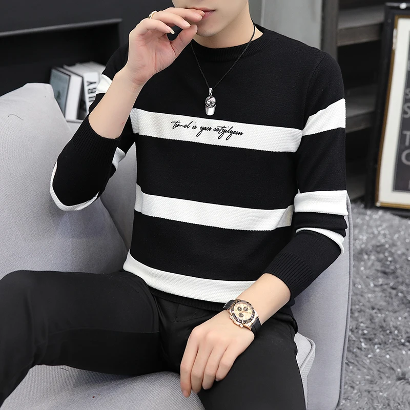 

2021 Korea Sweaters Pullovers Men Knitted Sweater High Quality Winter Pullovers Homme Round Neck Striped Printed Sweater Bottom