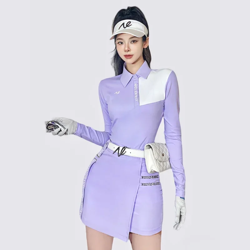 

Женский костюм для игры в гольф для тенниса, новый топ контрастной расцветки с быстросохнущей фиолетовой юбкой, теплый облегающий костюм на осень и зиму