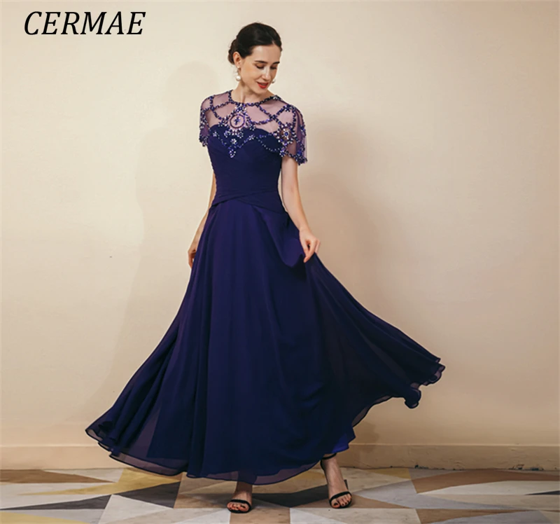 

CERMAE Shawl Beaded Chiffon Evening Gown Prom O-Neck Fold Purple Party Formal Dresses for Women 2023 PHOTO FACTORY PRICE