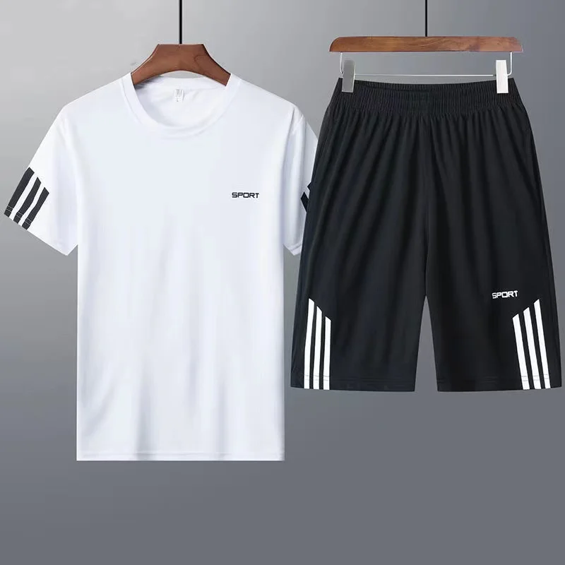 

2023 New Summer Fashion Brand Men's Suit Solid Color Striped Embellished Print Short Sleeve + Shorts Casual Sports Two-Piece Set